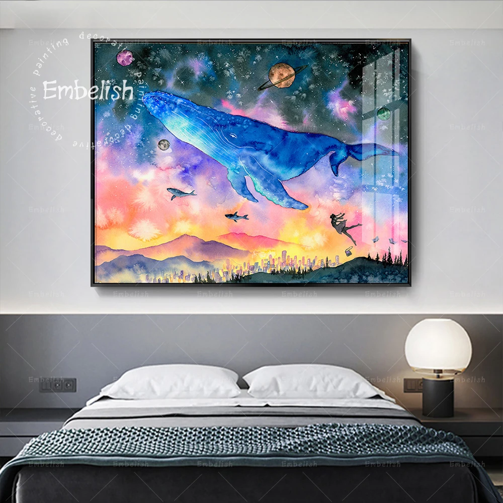 

Embelish Hot Large Hand Draw Whale Diving Into Fantasy Space Fish Wall Art Pictures For Living Room Home Decor Canvas Paintings