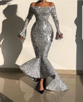 silver robe de soiree mermaid long sleeves sequins sparkle high low long prom dresses prom gown evening dresses