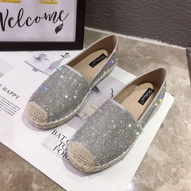 106Silver Fashion Hemp Loafers Women Espadrilles Flats Shoes Sewing Rhinestone Round Toe Ladies Casual Moccasins Slip On Brand Style New - Цвет: 106Silver