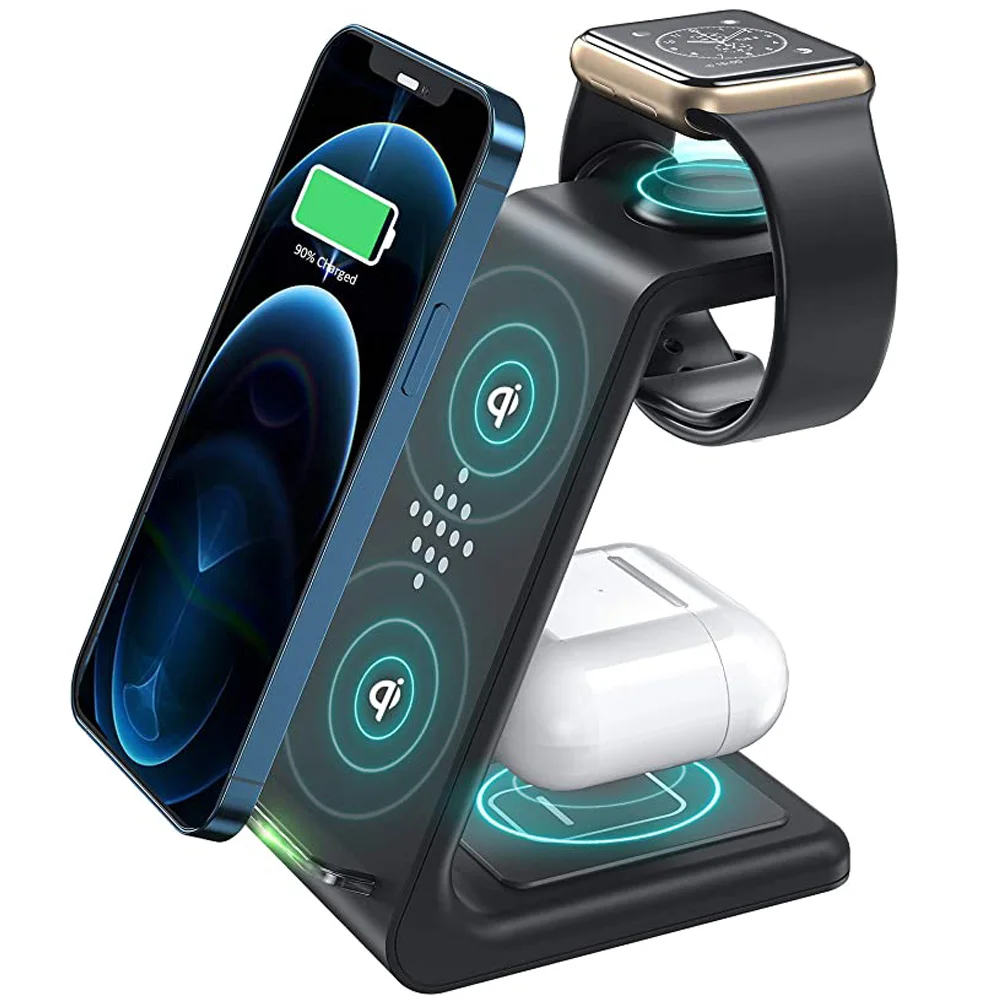 

3 in 1 Wireless Charger Station Wireless Charging Stand Dock for iPhone 12/11/8 Pro Max AirPods iWatch Samsung