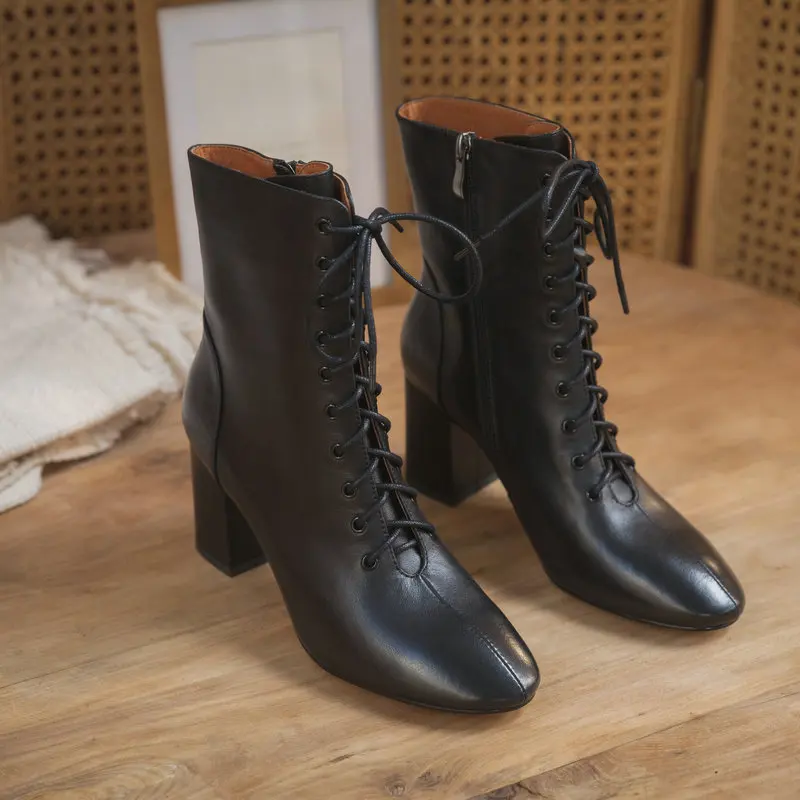 

2021 New Genuine Leather Round Toe Ladies Boots Fashion Newest Side Zipper Thick Heels Shoes Winter Dancing Party Shoes Woman