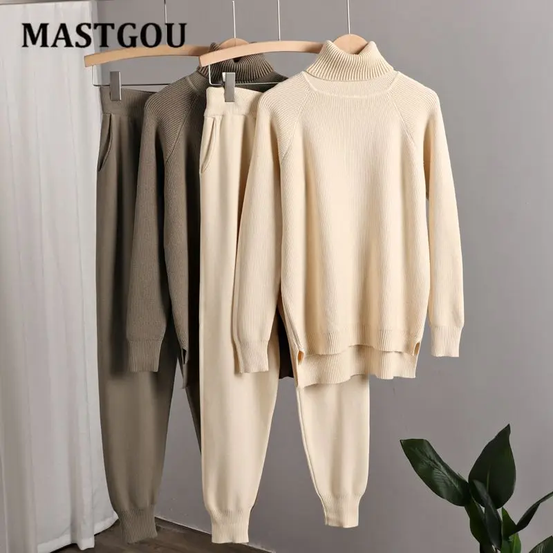 

MASTGOU Two Piece Set Women Tracksuits Winter Thick Warm Women Turtleneck Sweaters Harem Knitted Jogging Pants Suits Outfits