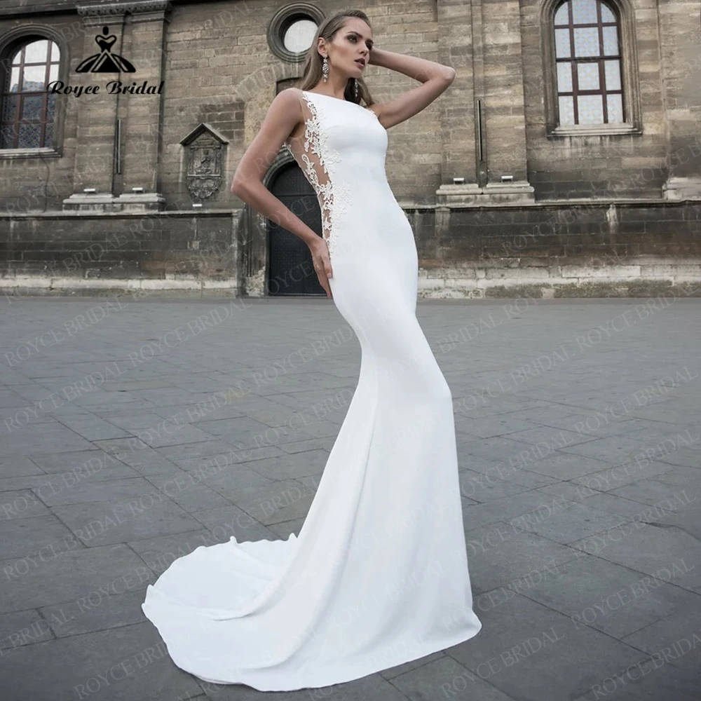 

Женское свадебное платье-Русалка со шлейфом, длинное кружевное платье с открытой спиной и круглым вырезом, без рукавов, 2021
