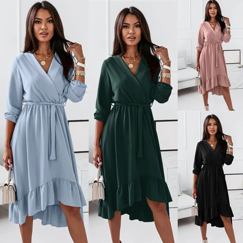 

2021 Autumn Winter Elegant Ruffle Dress New Solid Color Maxi Dresses for Women Fashion V-neck Long Sleeve Casual Party Dress