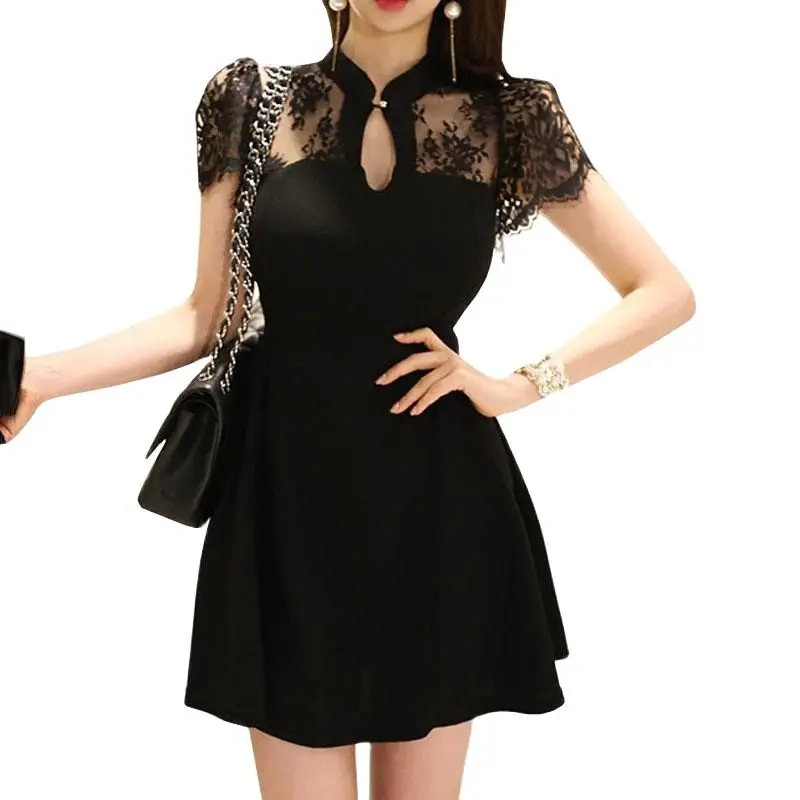 Летние платья черное кружевное женское платье с коротким рукавом прозрачное