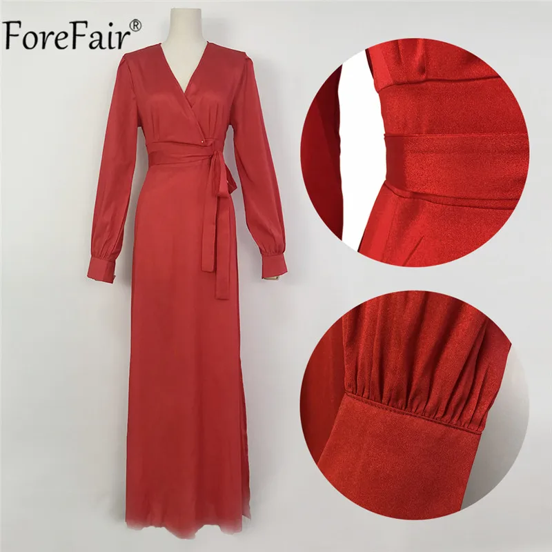 Forefair V Neck Wrap Sashes Sexy Elegant Party Dress Split Long Sleeve Women Maxi Red Club Spring Autumn Lady Vintage Dresses | Женская