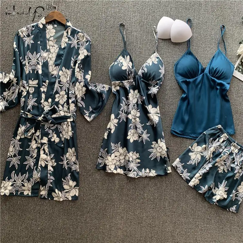 

4 PCS Women Pajamas Sets Summer Silk Satin Pajamas Sets With Chest Pads Flower Print Pijama Sleepwear Autumn Pyjamas Homewear PJ