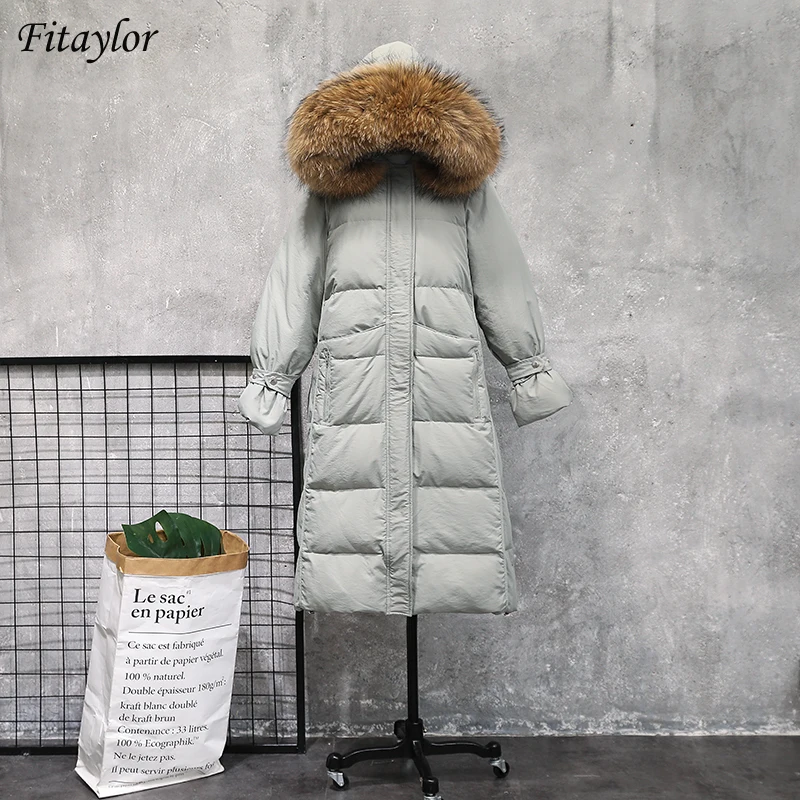 

Fitaylor Winter Large Raccoon Fur Hooded Long Jacket Women Loose Puff Sleeve Overcoat 90% White Duck Down Coat Warm Snow Outwear