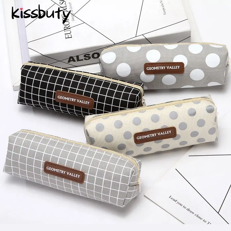 

1PC Small Fresh Round Point Lattice Pencil Case High Capacity Canvas Material Pencil Bag Office Stationery And School Supplies