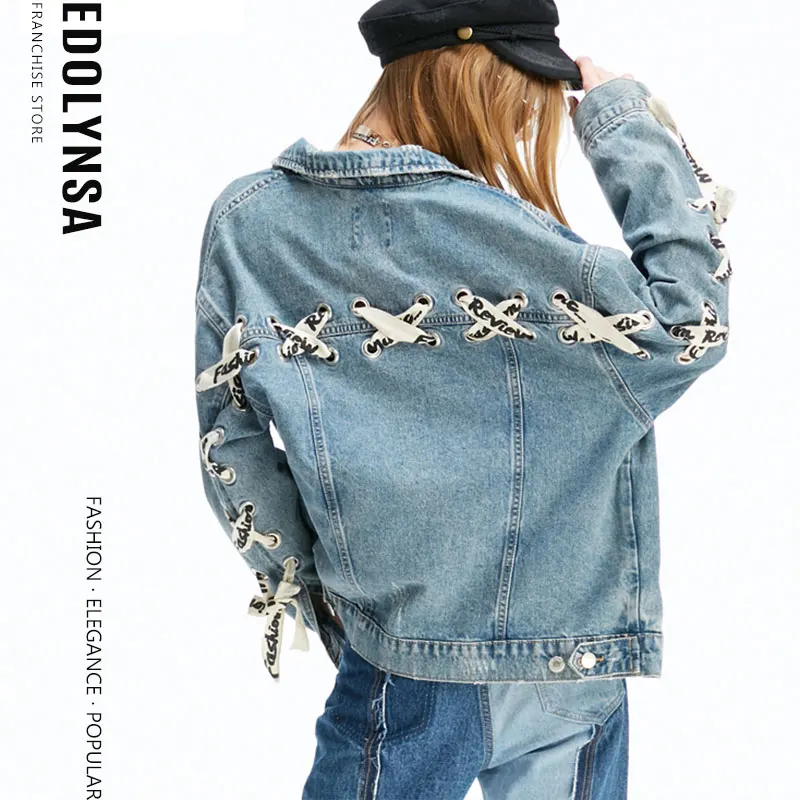 

2022 New Criss-Cross Lace-Up Short Denim Jacket Eyelet Coat Short Loose Tops Casual Jacket Streetwear Women Jacket Currents Y73