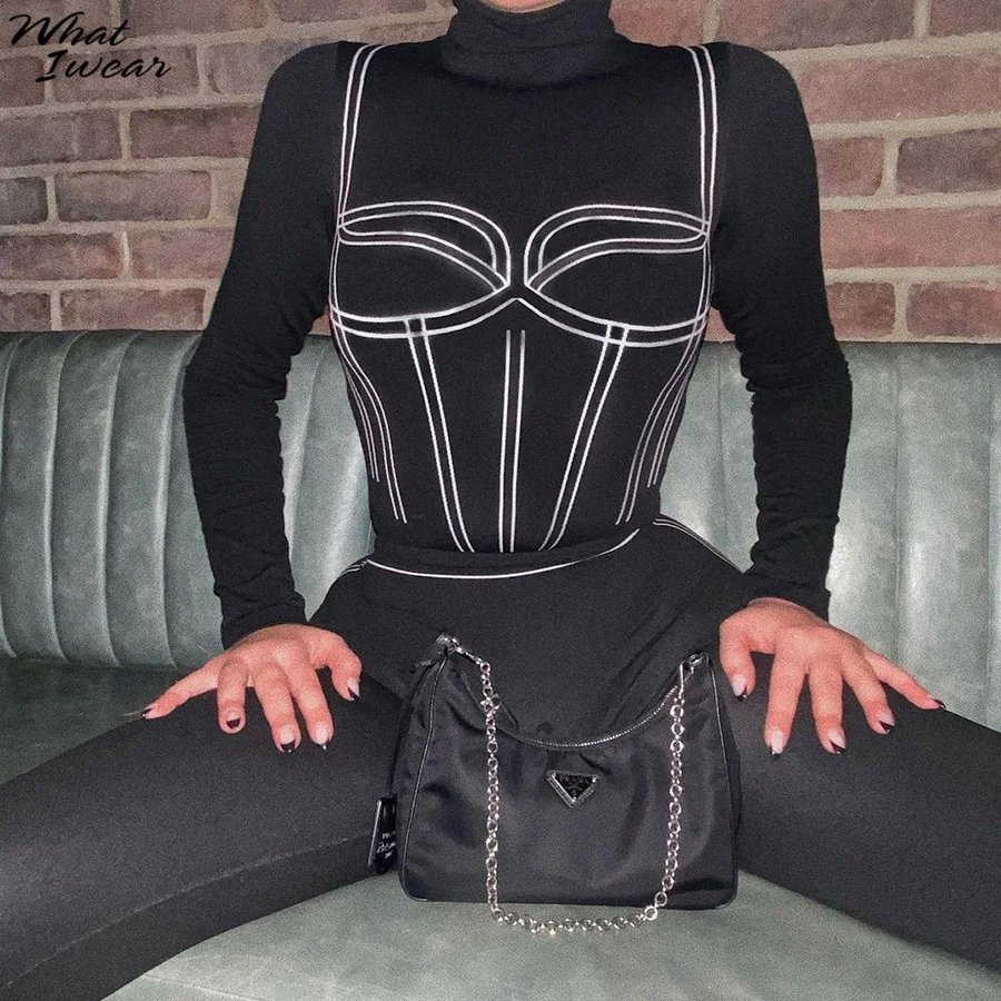 

Whatiwear 2021 Spring Striped Printed Turtleneck Bodysuit Elastic Leggings Women Two Piece Set Stretchy Workout Suit Female