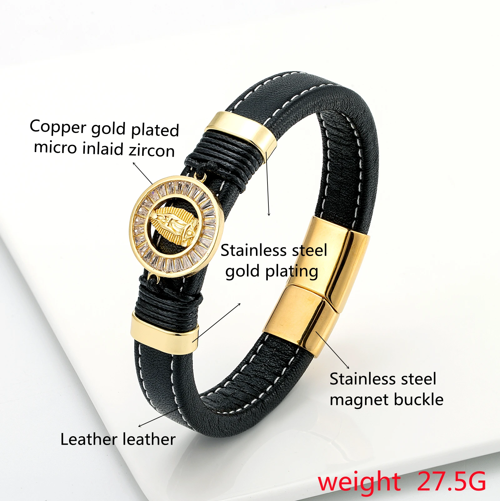 Широкий кожаный браслет с микро-инкрустацией из циркония для мужчин и женщин |