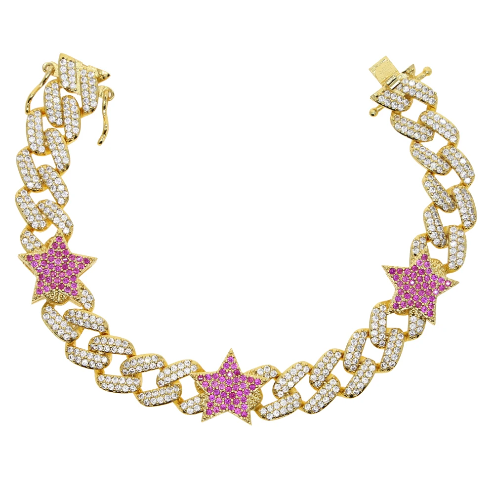 Женский браслет в стиле хип хоп с фианитами позолоченный радужным фианитом форме