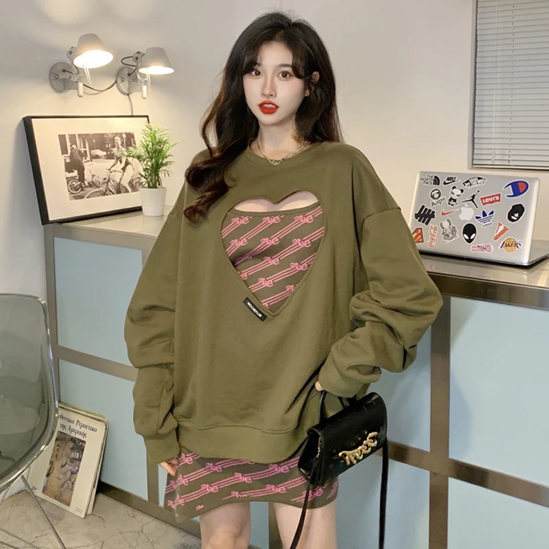 

Women Two-Piece Sets DressesAnd Sweatshirt Autumn Winter Fashion Hollow Love Personality Streetwear Girl Style Suspender Dress
