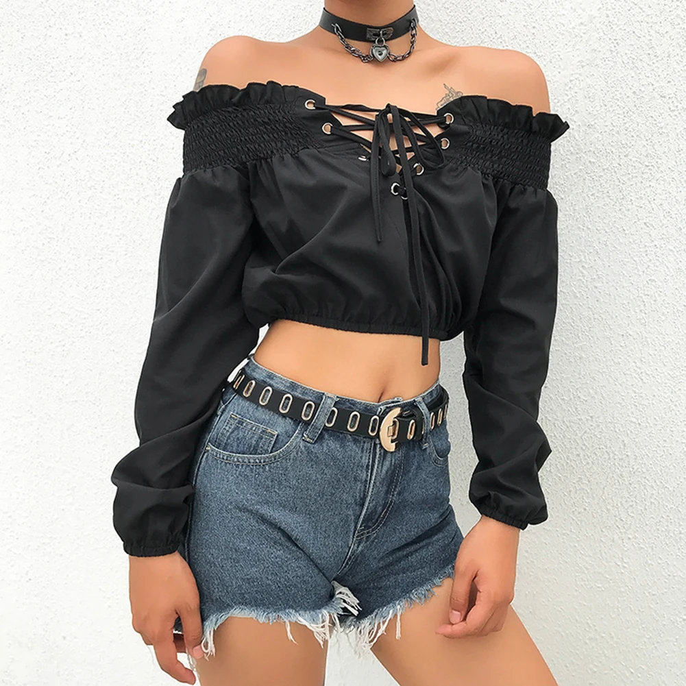 Модные черные свободные повседневные укороченные топы с одним воротником