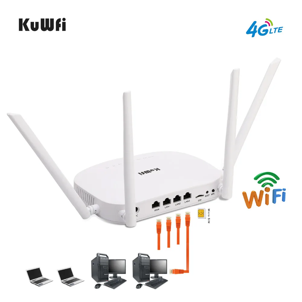 KuWFi 4G LTE Wifi Router 300 Мбит / с 3G / 4G Беспроводной CPE-маршрутизатор с поддержкой слотов для SIM-карт 4G в LAN с 4шт антеннами до 32 пользователей