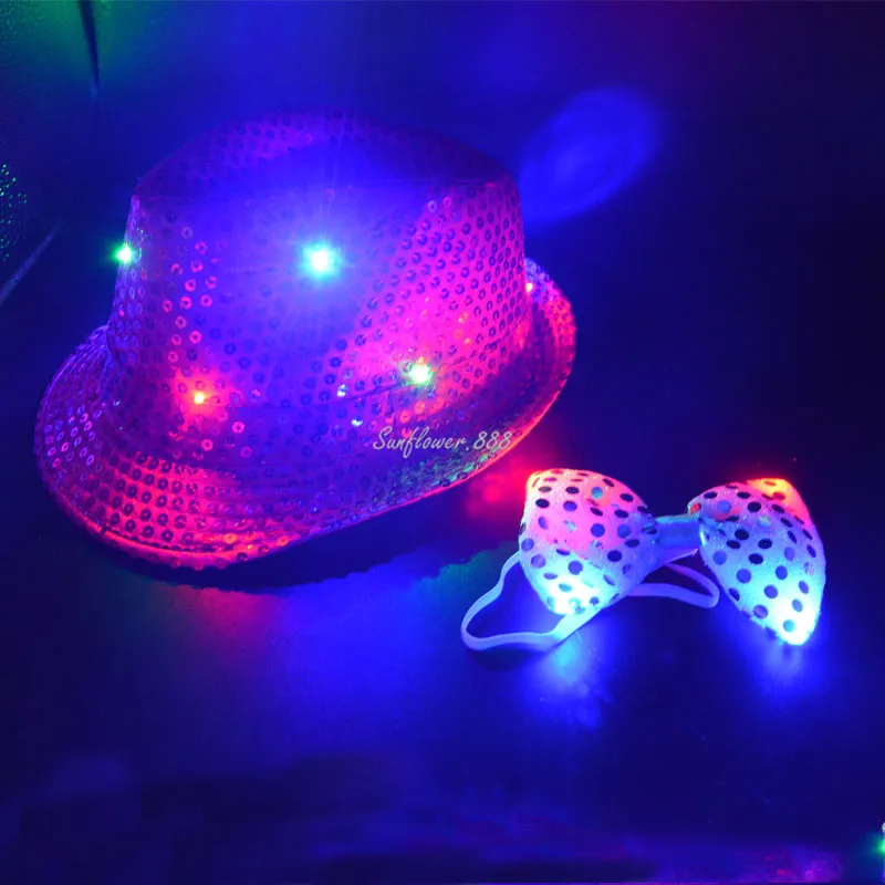 Светящийся светодиодный галстук-бабочка с блестками и фетровой шляпой для