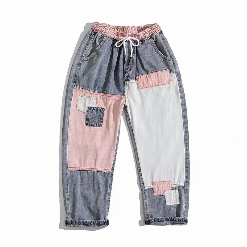 Patchwork Jeans Men's Mid Waist Baggy Jeans Boyfriend Hip-hop Denim Cropped Pants Loose Men Japanese Fashion Jogging Pants