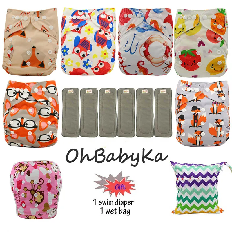 08 Ohbabyka водонепроницаемый детский карман пеленки Моющиеся Многоразовые подгузники из ткани детские подгузники 6 шт+ 6 шт микрофибры вставки+ 1 бесплатный подгузник мешок - Цвет: 08