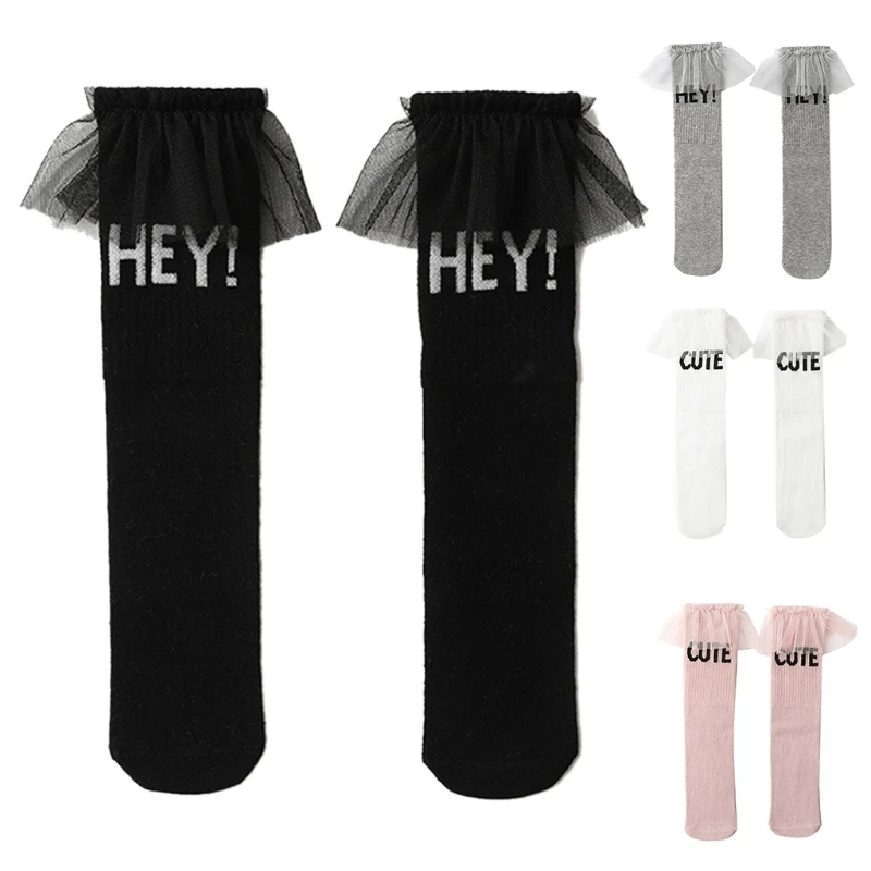 

D0AF Toddler Baby Girls Knee High Socks Ruffles Lace Trim Letters Print Stockings