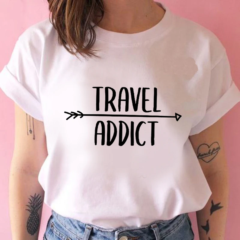

The Great Wave of Aesthetic T-Shirt Women Tumblr 90s Fashion Graphic Tee Cute T Shirts And Travel Addict Summer Tops Female