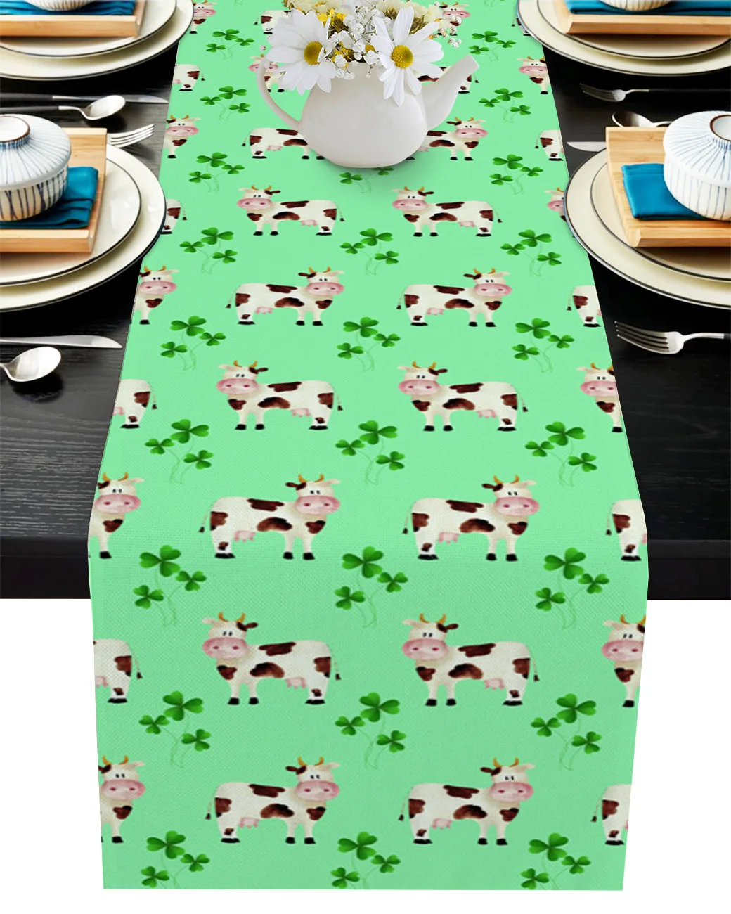 

Farm Animal Cow Shamrock Table Runner Wedding Table Decor Party Dining Table Runner Home Hotel Decoration Tablecloth Placemat