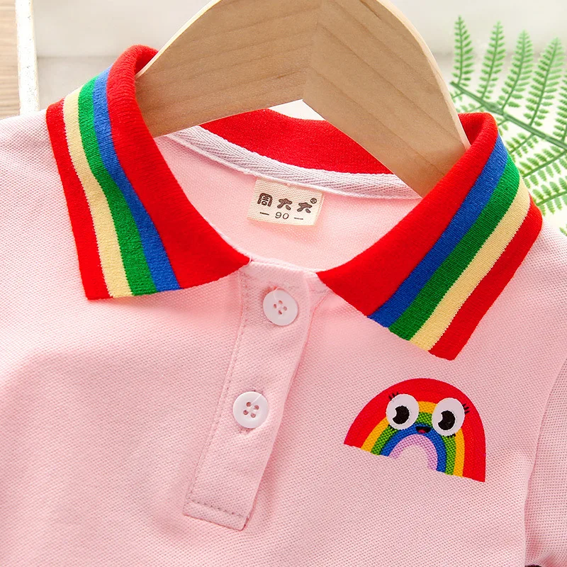 Summer Princess Dress Girl Cute Cartoon Rainbow Stripe Polo-neck Childrens Pleated Cheerleader Sports Casual Dresses | Детская одежда и