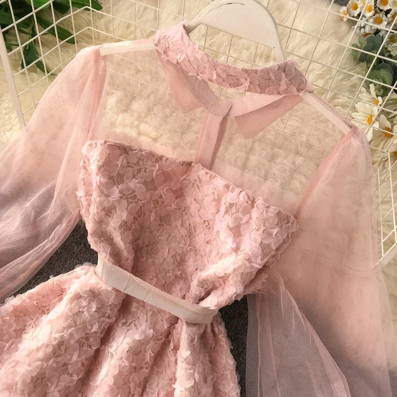 Новинка 2019 женское Сетчатое платье с пышными рукавами и цветочным рисунком