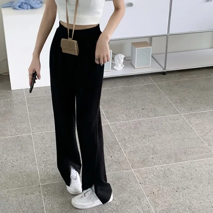 

2021 Spring New Korean Style Loose All-Matching Straight Casual Pants Women's High Waist Slimming Slit Drooping Wide-Leg Pants