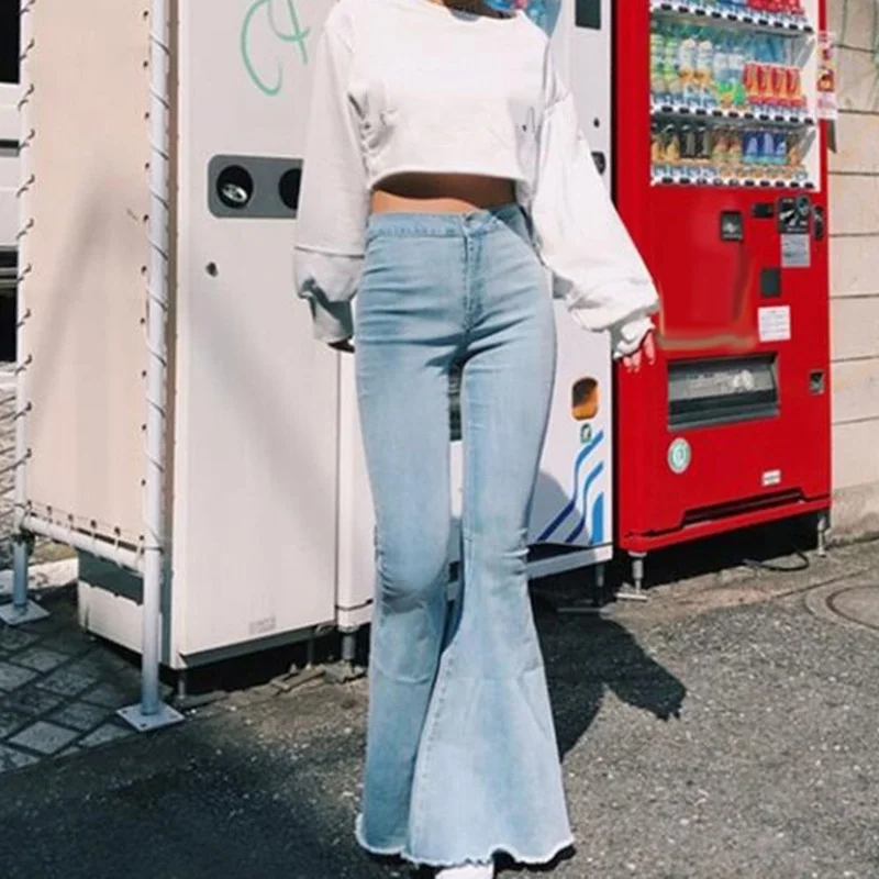 

Female High Waist Sports Leggings Fashion Trousers Fashion Women Solid Color Sexy High Waist Slim Bell-bottoms Denim Pants Pop