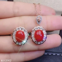 kjjeaxcmy fine jewelry natural red coral 925 sterling silver women gemstone pendant necklace ring set support test fashion