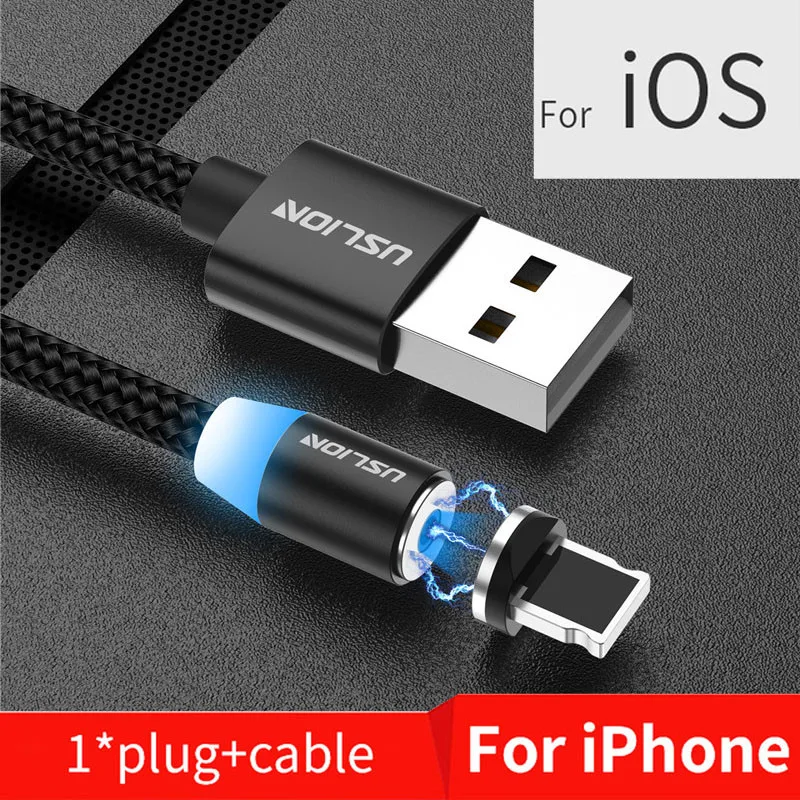Магнитный кабель USLION, Micro usb type C, кабель для быстрой зарядки, зарядное устройство для iPhone, samsung, huawei, Xiaomi, Micro USB кабель, USB C кабель - Цвет: Black for iOS