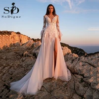 sodigne boho wedding dresses modern long sleeves lace appliques beach bride dress sexy side split v neck bridal gowns trouwjurk