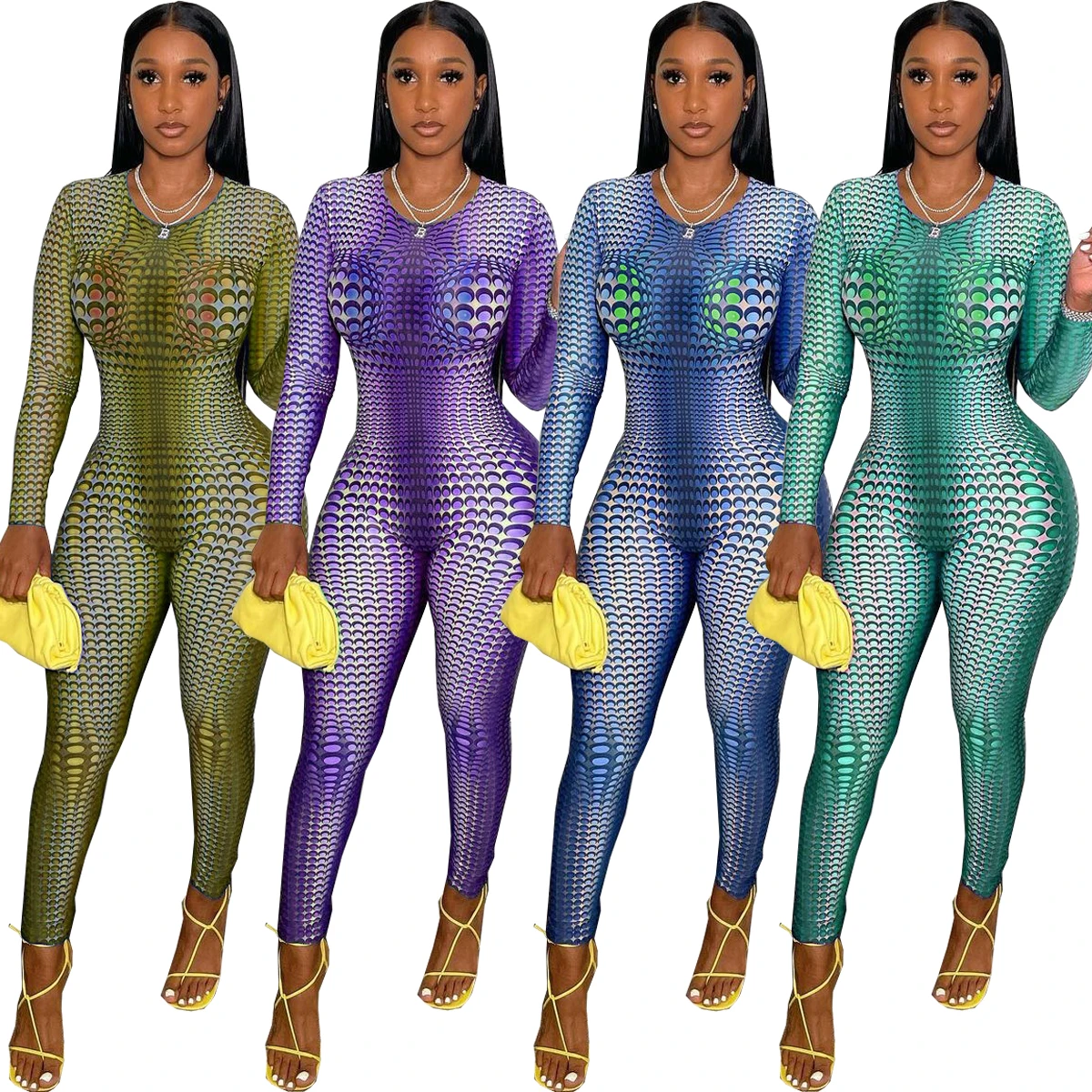 

Fall Autumn Women Fashion Sexy Serpentine Point Printed O Neck Long Sleeve Skin Jumpsuit Club Party Clothing