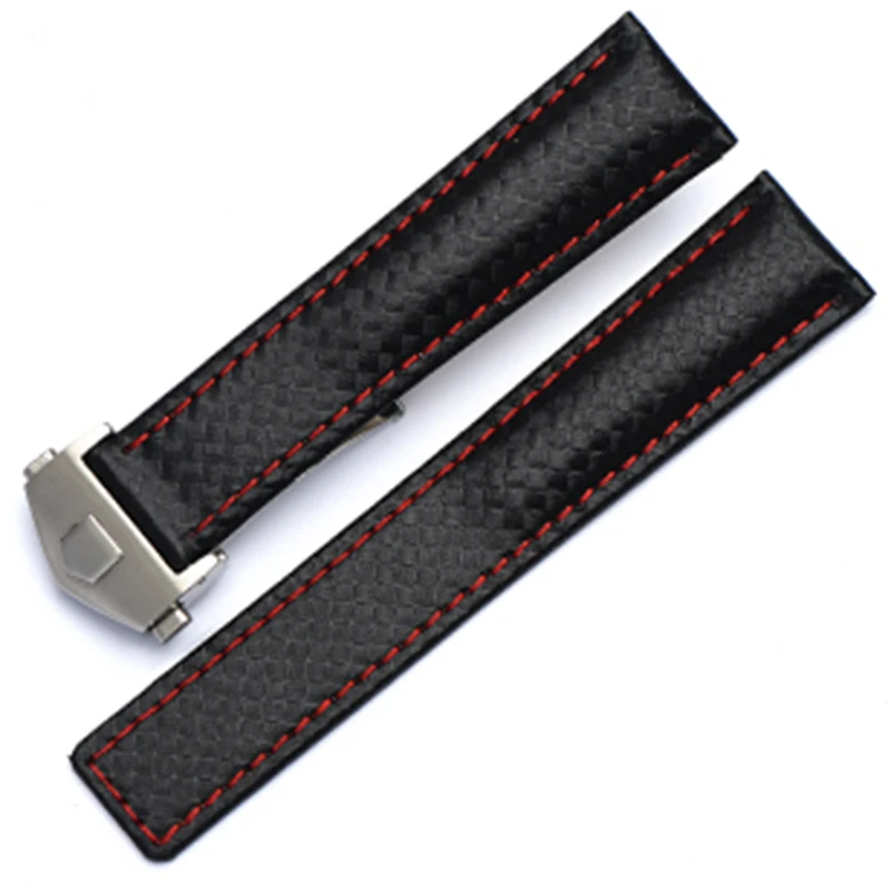 For TAG heuer  watchband Carbon fiber texture cow leather bottom BLACK RED wristband men's strap 20mm 22mm with folding buckle