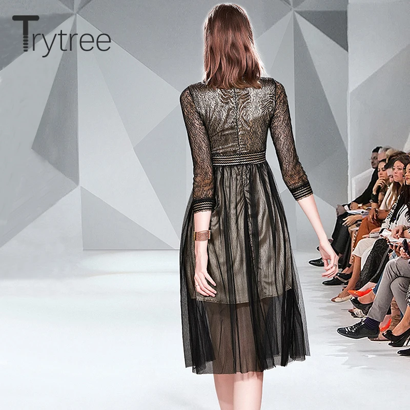 Trytree/осеннее платье, повседневное кружевное женское модное платье в стиле пэчворк, воротник-стойка, платья до середины икры, Сетчатое платье трапециевидной формы для офиса