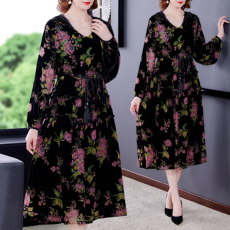 

Women Dress Autumn 2021 New Office Lady Korea Style Long Sleeve Hooded Loose Floral Print V-Neck Design And Color Dresses