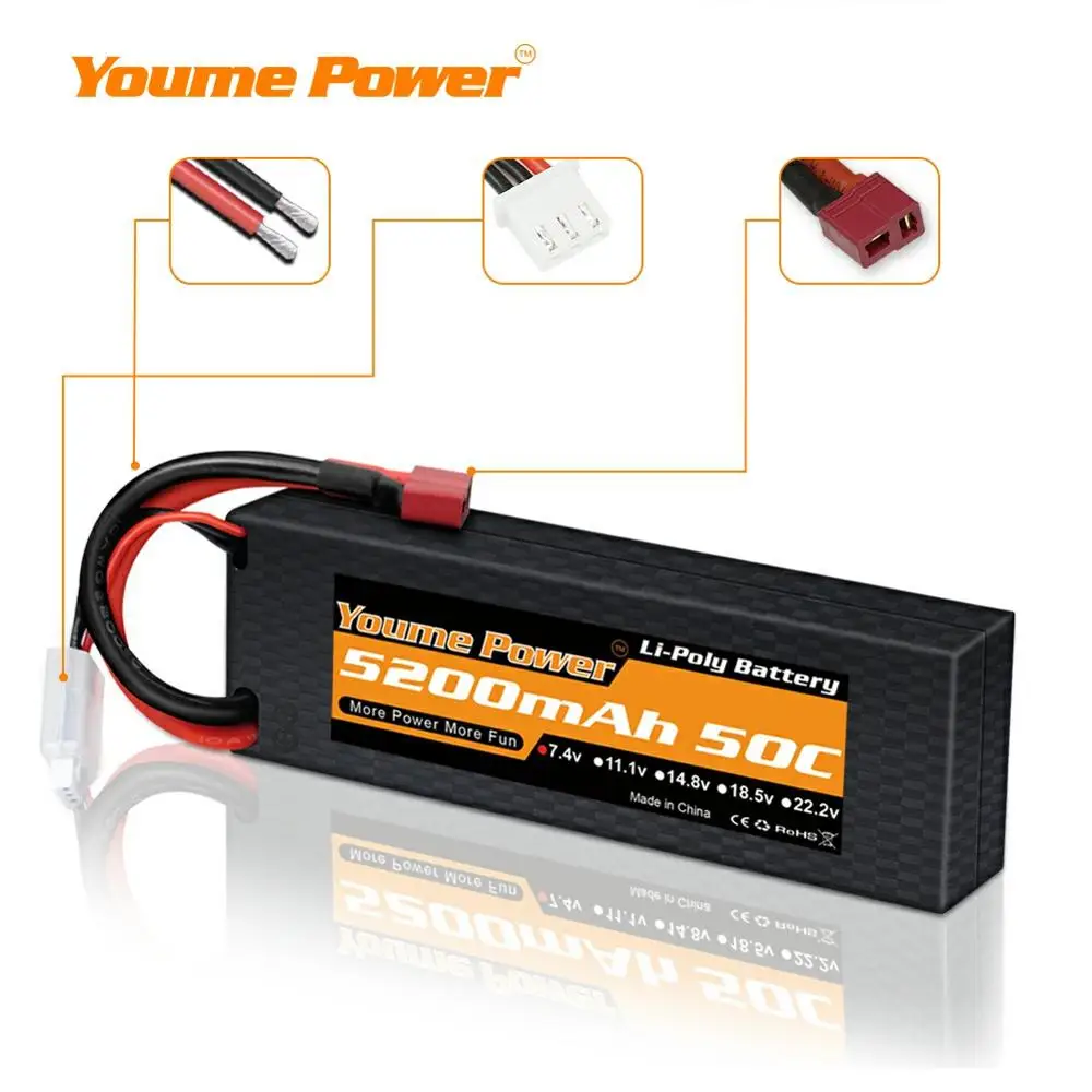 Youme-bater&iacute;a Lipo 2S de 7,4 V, 5200mah, 50C Deans T XT60 EC3 Deans, carcasa dura para coche RC, Dron FPV, helic&oacute;ptero, avi&oacute;n, barco, cami&oacute;n, 2 uds.-2