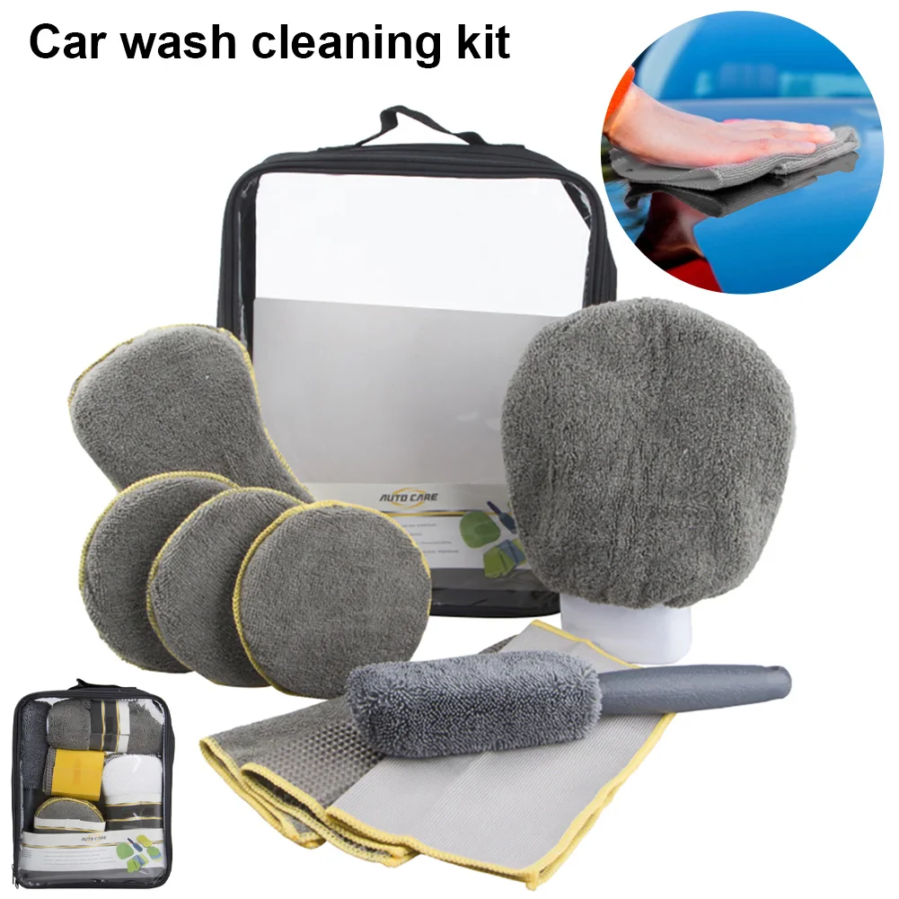 

9pcs Car Wash Brush Cleaning Tool Microfiber Car Wash Kit Super Absorbent Car Detailing Wheel Brushes Wax Pad Sponge Block Towel