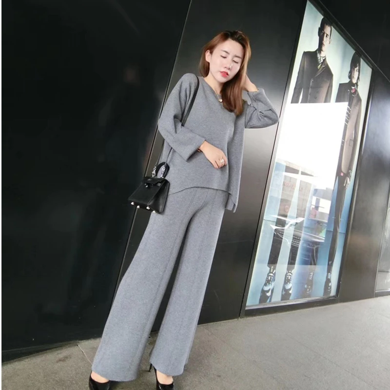 

Women 2 Pieces Pant Sets 2021 New Fashion Autumn Casual Solid Color Warm Pullover Sweater And Wide Leg Pats