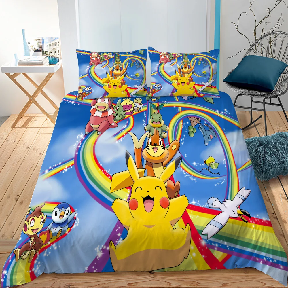 

Anime Pokemon Pikachu Bedding Set Duvet Cover and Pillowcase Cartoon Cute Full Size Bed Set Comforter Set for Bedding