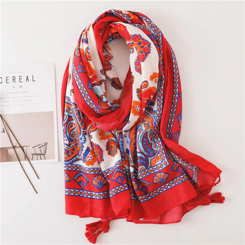 

Fashion Design Sun Flower Multi-Patterns Floral Geometric Paisley Print Oblong Tassel Scarf