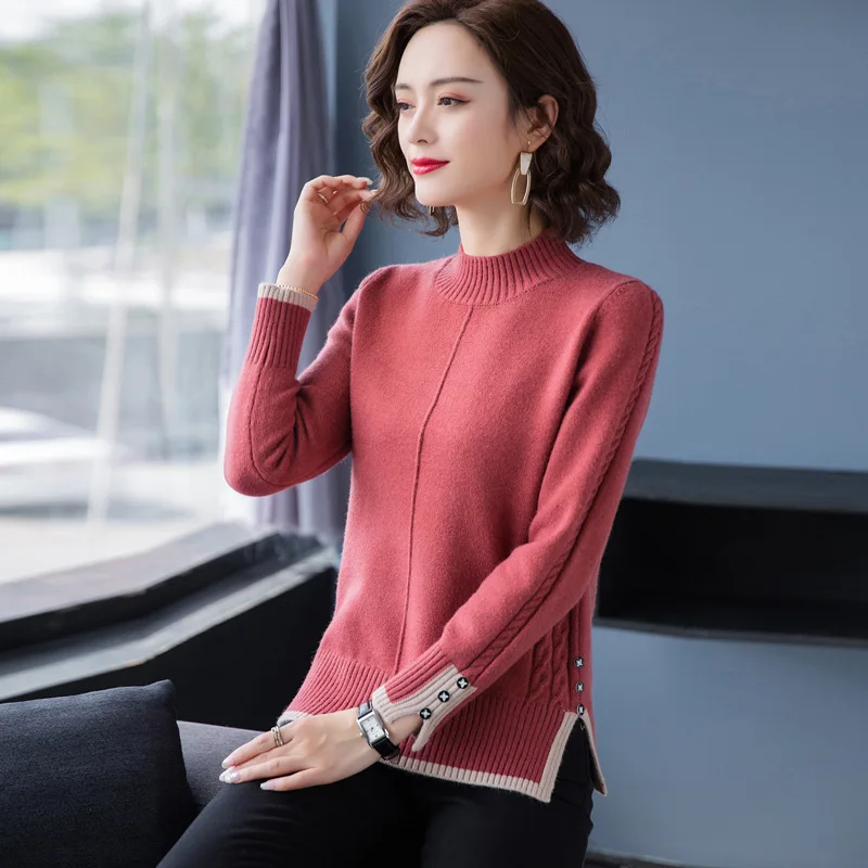

Autumn winter new half high neck pullover knitted sweater women short fashion color matching wild button bottoming shirt tide