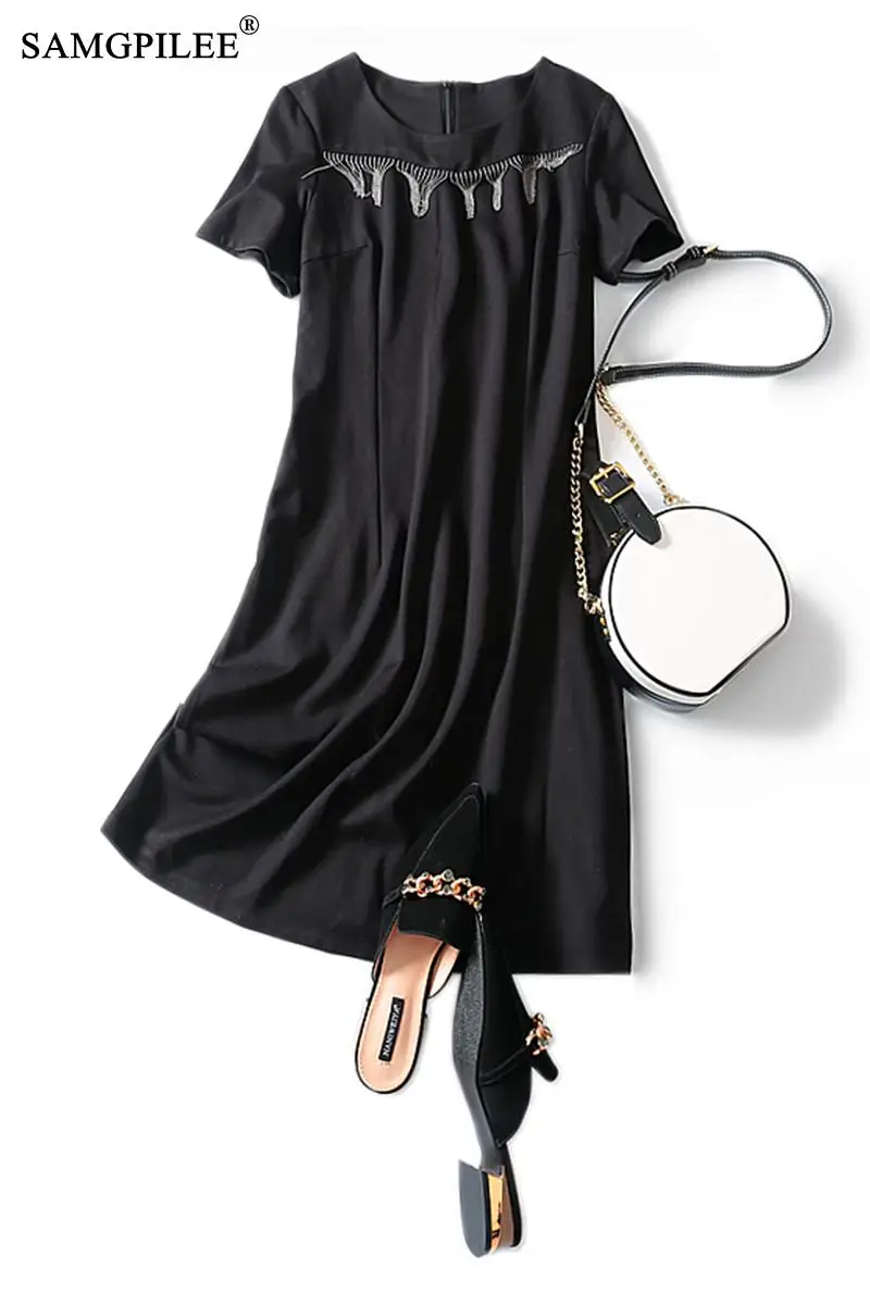 

women summer sundress 2020 Casual Dress A-line Solid Short Sleeve Elegant Dress Empire O-neck Plus Size Women Summer Dresses 3XL