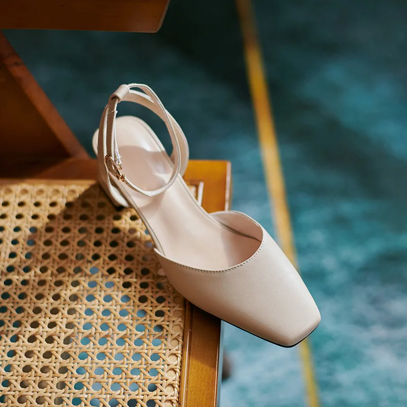 

Buckle Shoes Beige Heeled Sandals 2021 Summer Square Toe Large Size Black Low Girls Block Fashion Spring Comfort Big New High PU