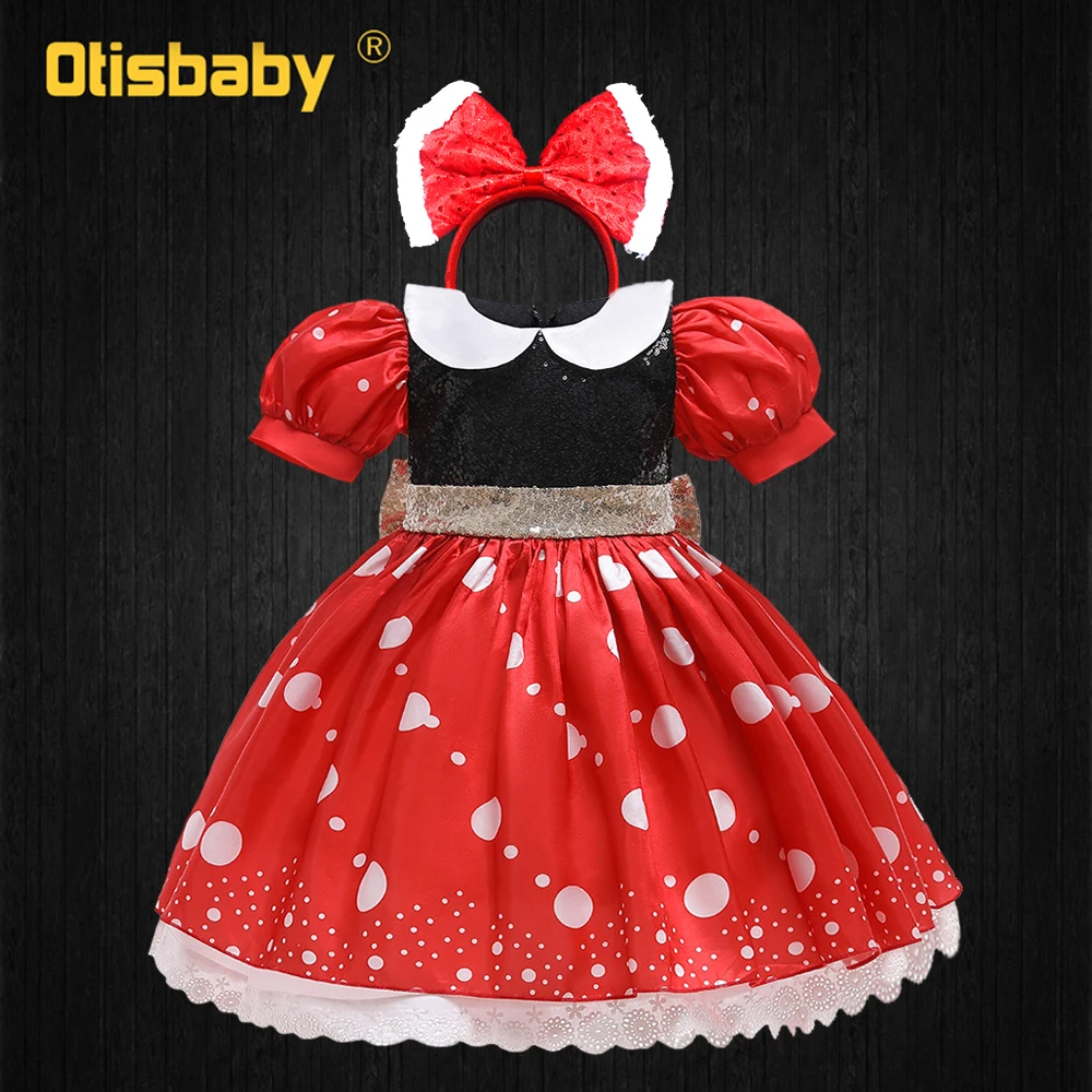 Vestido Rojo con tutú de lunares para niña, vestido de Mickey y Minnie, diadema con lazo grande, 1 año de verano, vestidos de cumpleaños para bebé