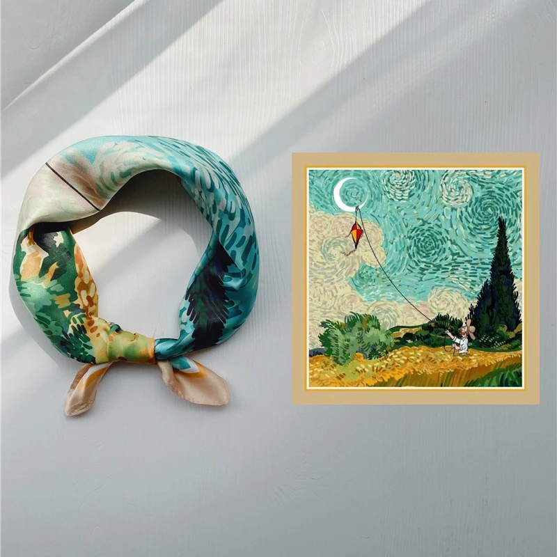 

Decorative small scarf silk landscape oil painting women square scarf spring and autumn versatile multi functional hair tie new