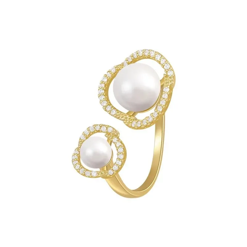 

Luxury Design Pearl Hollow Flower Gold Opening Rings For Woman Korean Fashion Jewelry Wedding Girl's Sweet Finger Accessories