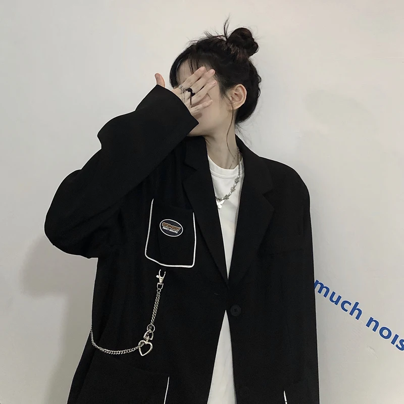 

Harajpoo Women Blazer 2021 Spring Autumn Korean INS Elegant Temperament Ladies New Black Chain Harajuku Style All-Match Jackets