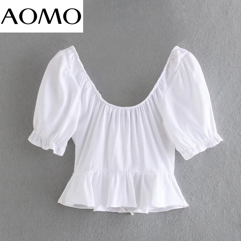 

AOMO Women Retro White Linen Shirt Summer Blouse Bow Ruffles Short Sleeve Chic Female Tops JE114A